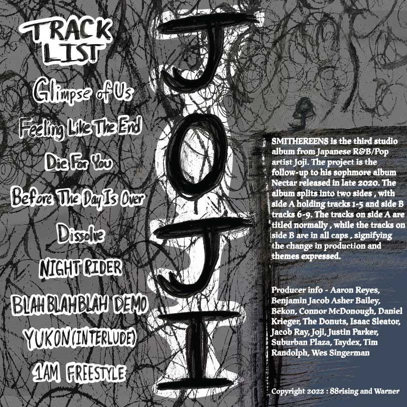 back cover of redesign, includes track list and information about the album. graphite and ink drawing