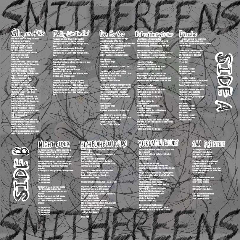 lyric page of redesign. ink titles with lyrics for each song