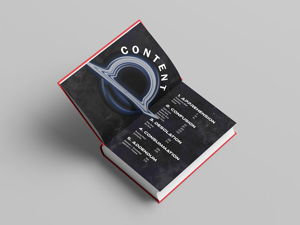 table of contents spread on a mockup. 